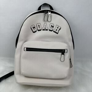 Coach West Backpack With Varsity Motif CAK14 In Leather Gunmetal/Chalk NWT